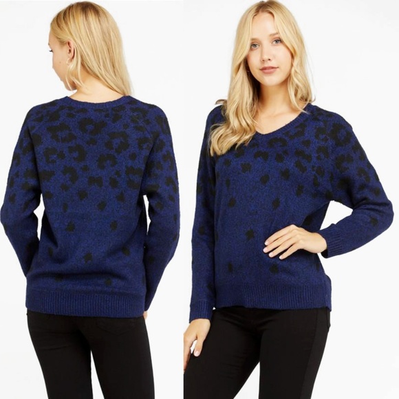 Dark Blue Black Leopard Warm Cozy V-Neck Sweater - Picture 2 of 6